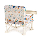The Charlie baby chair v2 is a portable, foldable booster seat with a beige tray, colorful terrazzo-patterned fabric, mesh pocket on the backrest, and a light plastic frame—perfect for young children.